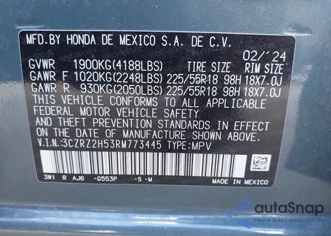 2024 Honda Hr-V Awd Sport/Awd Sport W/O Bsi z USA, uszkodzony, nr VIN 3CZRZ2H53RM773445